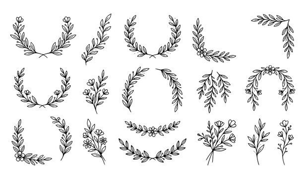 Botanical Frame and Wreath Line Icon Set with Laurel, Corner Border, Divider, and Floral Branch Elements for Wedding Designs