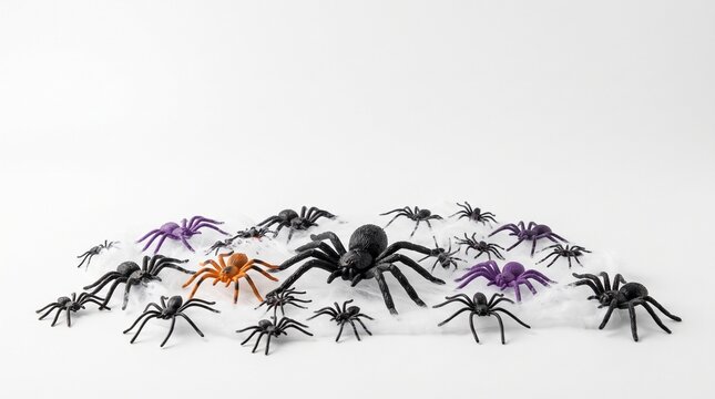 A collection of plastic spiders in various sizes and colors scattered on artificial spiderwebs against a white background