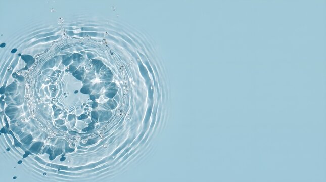 Clear micellar water splash and drops on pastel blue copy space