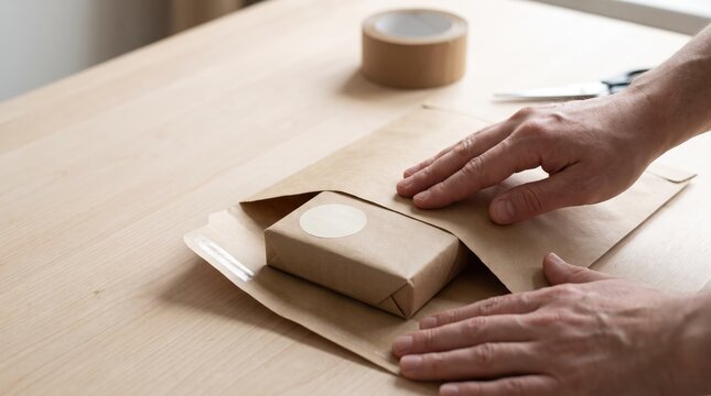 Hands seal package with brown tape on wooden surface