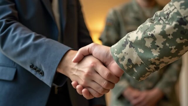 A businessman in a suit and a soldier in military uniform shaking hands, symbolizing cooperation, partnership, and mutual respect between civilian and military sectors. Peaceful negotiations