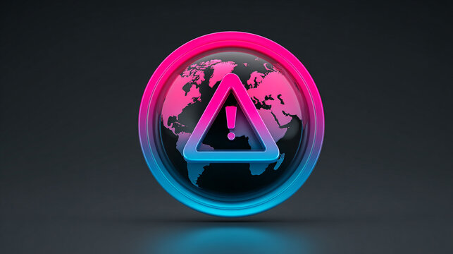 Glowing neon warning triangle icon floating inside glossy world map sphere on dark grey background