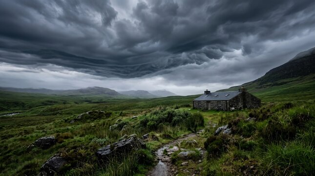 Stone cottage stands in a rugged green valley beneath dramatic dark storm clouds rolling across the mountainous landscape.