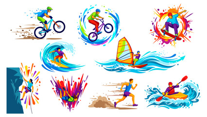 Fototapeta premium Set of extreme sports silhouettes featuring cycling surfing skateboarding