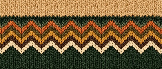 Fototapeta premium Knitted Chevron Pattern Textile Background in Green Beige Orange and Brown