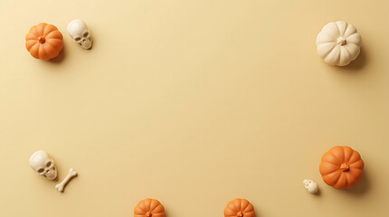 Fototapeta premium Halloween background with pumpkins and skulls, festive autumn holiday flat lay frame.