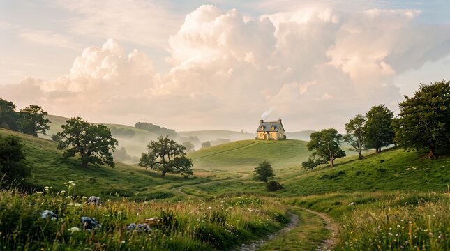 A solitary stone cottage sits atop a rolling green hill under a dramatic, cloud-filled sky at dawn.