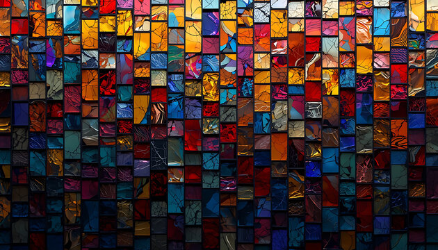Abstract mosaic background with colorful rectangular tiles and dark grid pattern