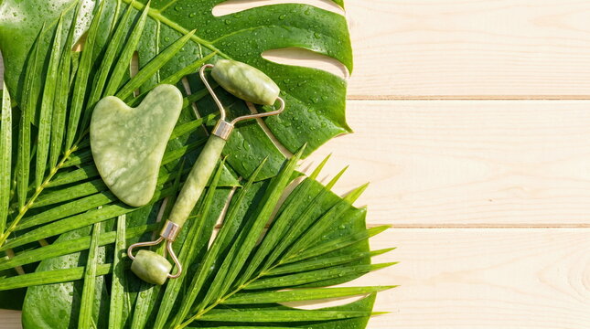 Jade facial tools, Gua Sha scraper and roller on green tropical leaves with wood background, spa and natural skincare concept.