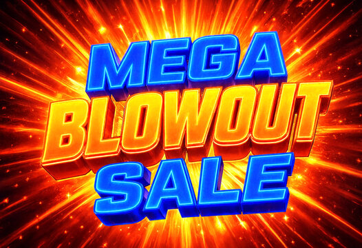 Bright explosive mega blowout sale text with vibrant colors and dynamic light rays effect