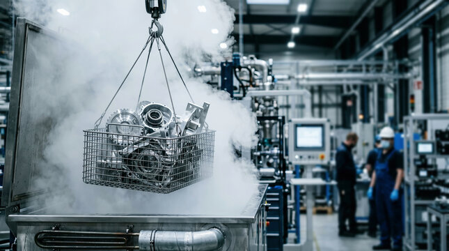 Metal components processed in steaming bath by industrial crane, factory setting, manufacturing and quality control concept.