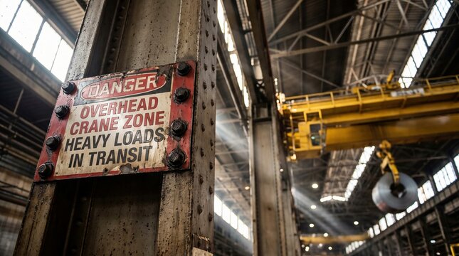 Danger sign warning of overhead crane heavy loads in vast factory, representing industrial safety protocols.