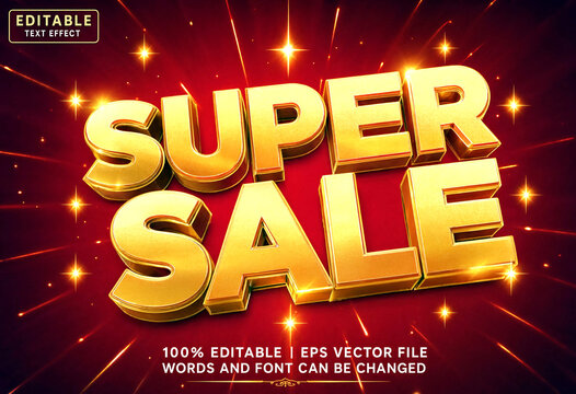 Bright golden super sale text effect with shining stars and dynamic light rays background