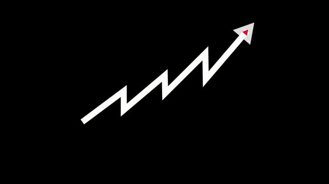 A minimalist white zigzag line graph with a red downward arrow indicating a negative trend or decline on a stark black background.