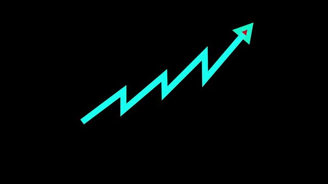 A bright cyan zigzag line graph with a red downward arrow indicating a negative trend or decline on a dark black background.