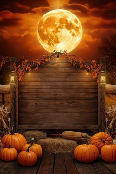 Halloween autumn backdrop with a wooden sign hay bales pumpkins a glowing full moon halloween backdrop pumpkins festival celebration template illustration vertical traditional countryside