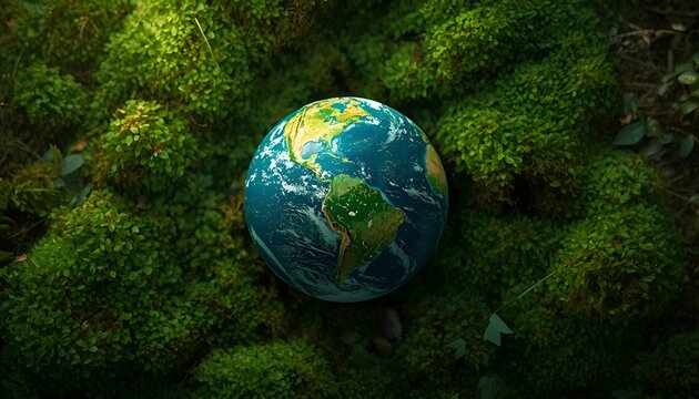 Green Earth Globe Resting on Lush Dewy Moss with Natural Textures and Sustainability Environmental Concept