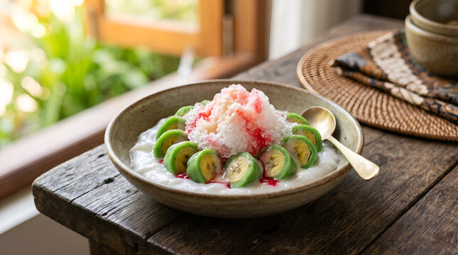 Traditional Makassar es pisang ijo with banana, coconut porridge and shaved ice, styled naturally for restaurant menus, culinary advertising and Indonesian food.