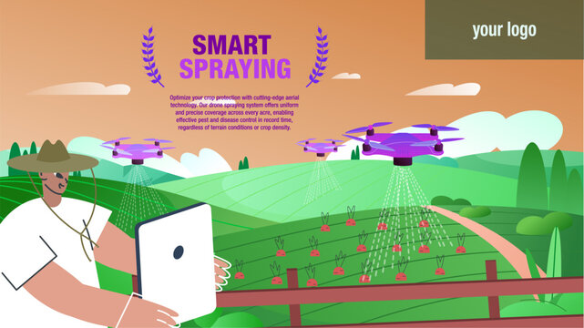 Smart spraying website banner template with agriculture drones and farmer holding tablet