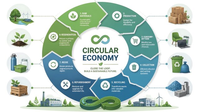 Circular economy concept infographic diagram with lifecycle stages and green icons