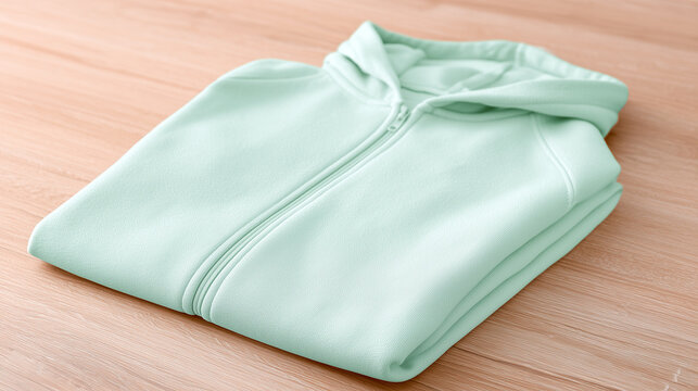 Pastel Mint Green Zip Up Hoodie Mockup Folded Neatly On A Natural Wood Surface For Apparel Design