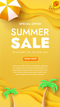 Vertical Summer Sale Banner with Tropical 3D Paper Cut Beach Theme
