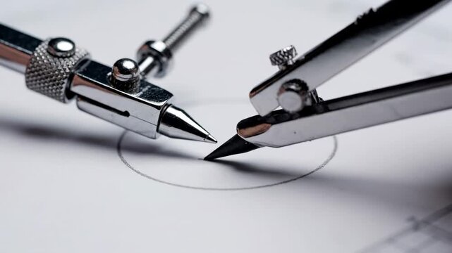 A close up of metallic drawing compasses drafting a precise circle on paper, technical illustration, engineering design, blueprint drafting