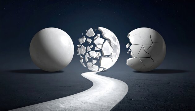 Three stages of shattered spheres on light path.