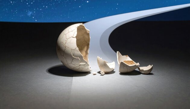 Broken stone sphere on dark ground with light path.