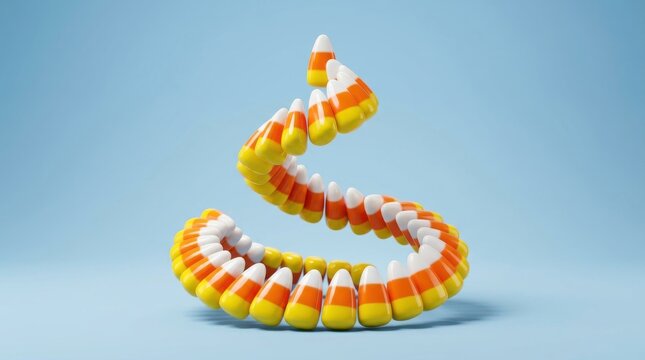 Creative Halloween candy corn shaped like a slithering snake on a soft blue background for festive seasonal concepts