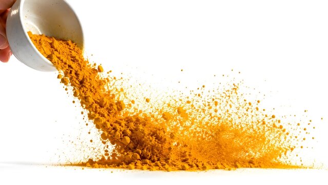 Turmeric Powder Pouring from White Ceramic Cup with Frozen Motion