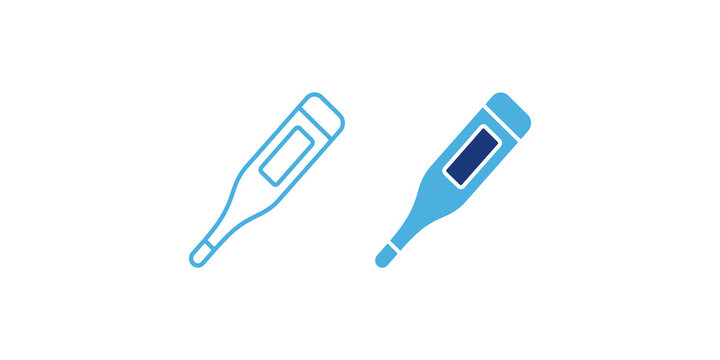 Digital medical thermometer icons in outline and solid blue styles for fever checking and healthcare monitoring apps.