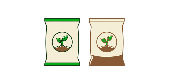 Fertilizer sack icons featuring sprout plant graphics in green and brown for gardening and agriculture supply shops.