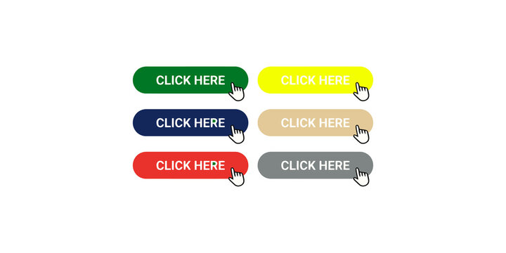 Colorful rectangular click here web buttons featuring interactive hand cursor icons for call to action user interface.