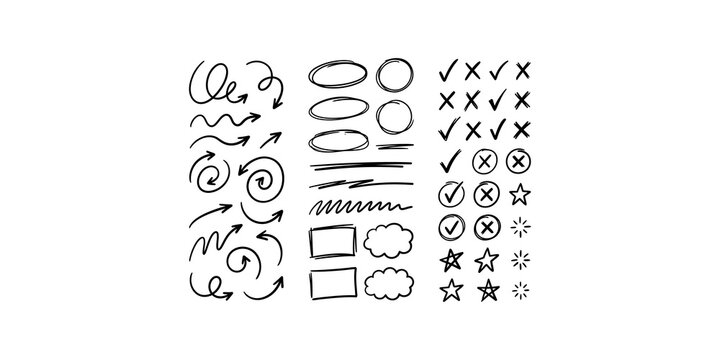 Comprehensive collection of hand drawn arrows circles checkmarks and doodle shapes for planner and note taking usage.