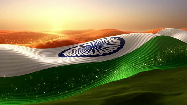 Dynamic national flag waving over rolling hills at golden hour with captures vibrant national