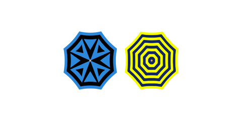 Summer vacation beach umbrella icon set featuring blue geometric and yellow striped patterns for leisure travel themes. © Png World Collection