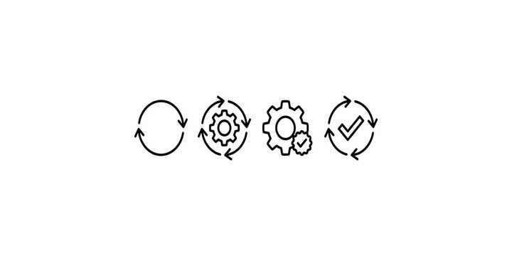 Continuous process optimization icon set featuring circular arrows and mechanical gears for operational improvement tasks.
