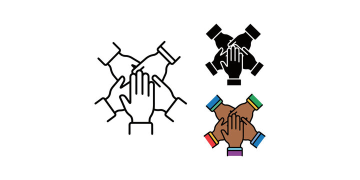 Diverse team unity hand stack icon set featuring black outline and solid color styles for partnership cooperation concepts.