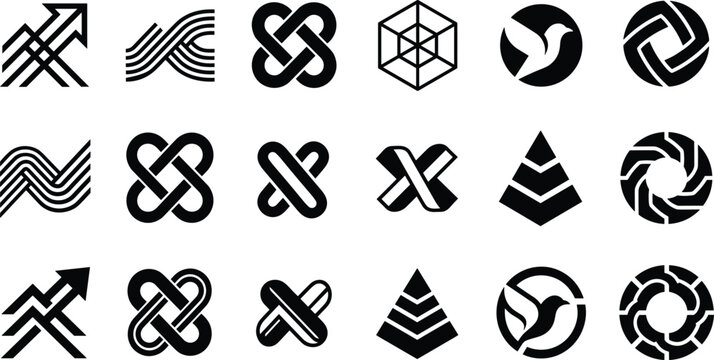 Abstract black geometric corporate logo icon set featuring minimalist business arrows infinity knots pyramids and bird silhouettes vector