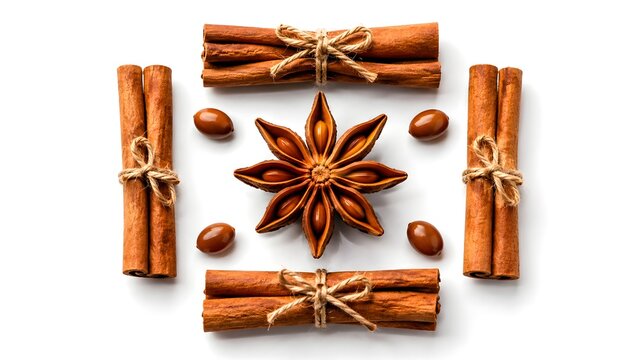 Isolated Star Anise Arranged in a Symmetrical Pattern on White Background