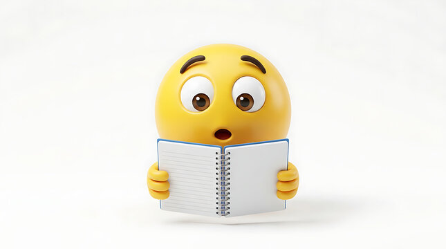 A surprised yellow emoji character with wide eyes and an open mouth, holding an open spiral-bound notebook, against a clean white background.