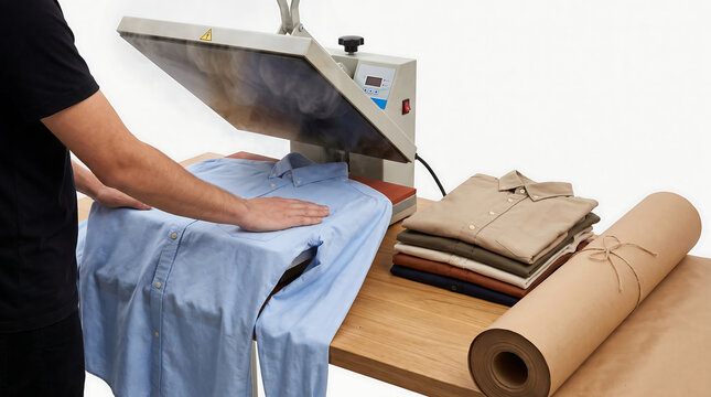 Worker smoothing light blue button down shirt under open heat press machine with steam rising near stacked folded shirts on wooden table in apparel print shop side view