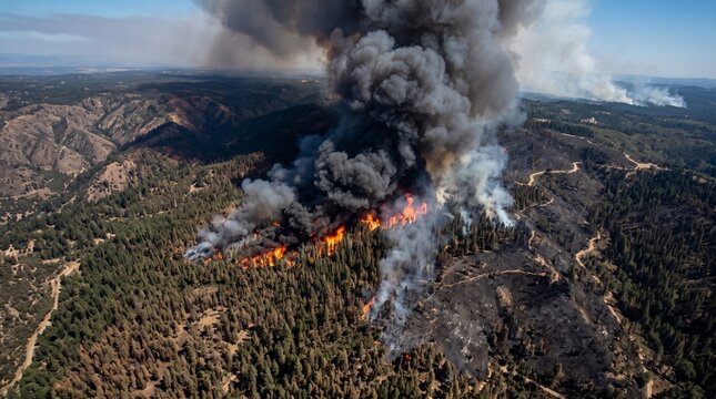 Aerial view of a massive forest wildfire burning trees with thick dark smoke plumes rising.