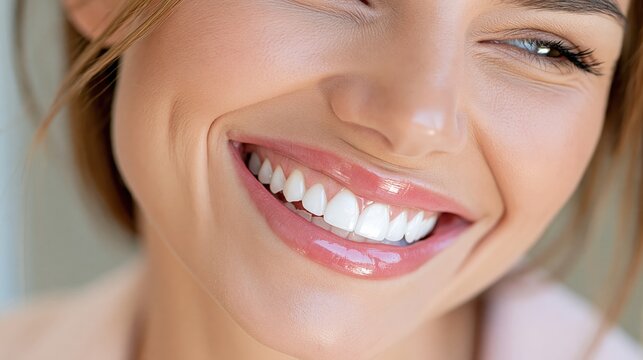 A womans beaming smile showcases bright white teeth and rosy lips.