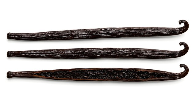 Three Vanilla Pods with Opened Pod and Seeds Isolated on White Background
