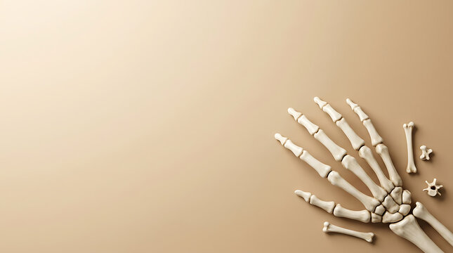 Human skeletal hand model on a plain beige studio background for medical education.