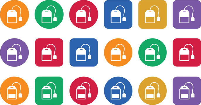 Colorful flat tea bag app icon button set in rounded squares and circles for mobile interface design template
