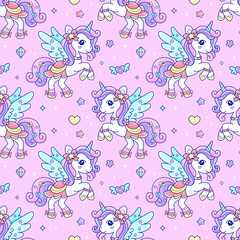 Seamless Winged Unicorn Pattern with Pastel Pink Background Vector Illustration © Yurisma