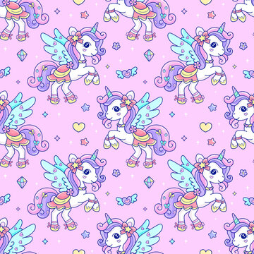 Seamless Winged Unicorn Pattern with Pastel Pink Background Vector Illustration